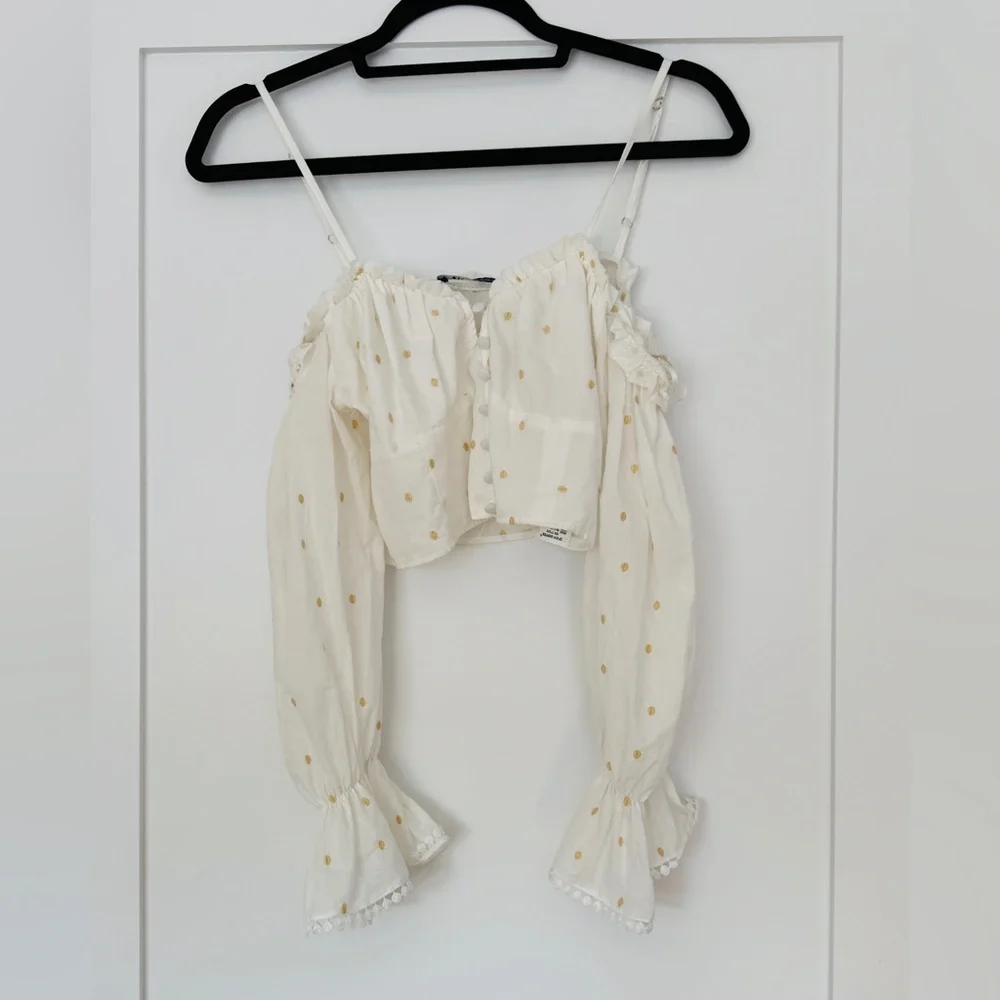 ZARA NWT White Off Shoulder Puff Sleeve Crop Top Blouse XS Ecru Polka Dot